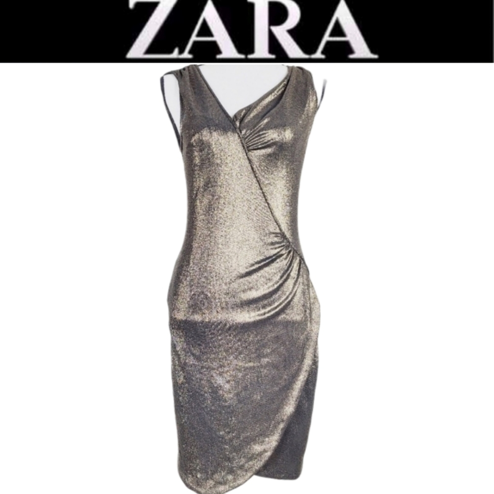 Zara black /gold faux wrap sleeveless dress Size M